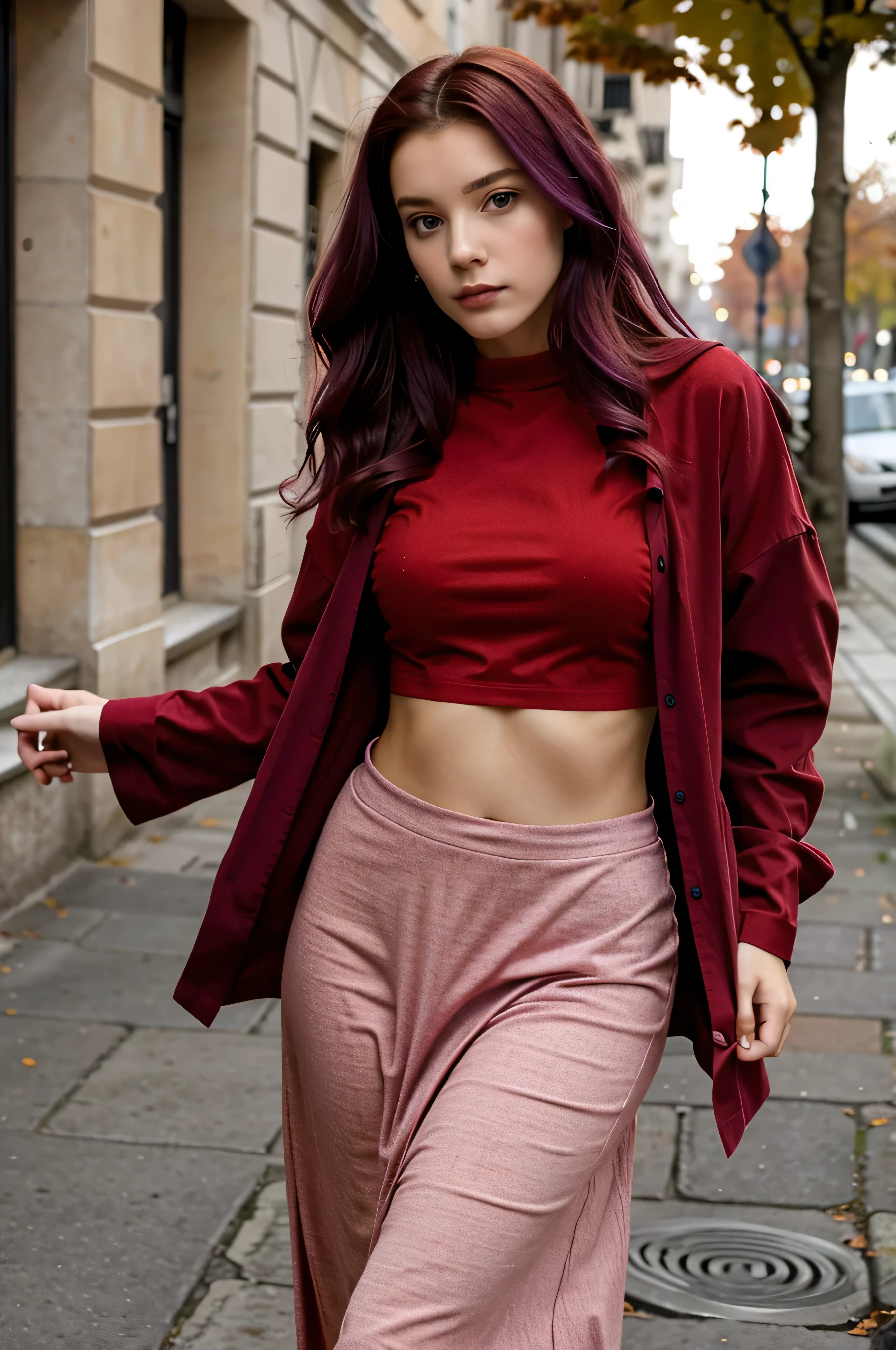 jeune fille de 20 ans au cheveux tres long violet avec une veste ROUGE, habiller en ROUGE, vetue de ROUGE, OUTFIT RED, une tenue rouge, tshirt rouge RED rouge, habiller rouge mode, robe rouge, tenue vestimentaire rouge