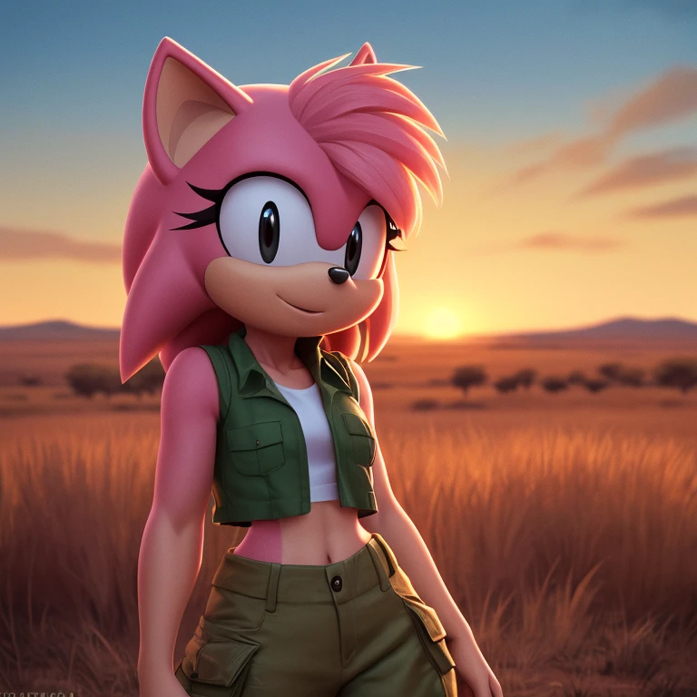 ((Highly detailed)), ((Perfect quality)), ((studio quality)), ((Masterpiece)), ((highres)), ((8k uhd)), ((Good face)), ((Good anatomy)), (((4k))), female hedgehog with light pink fur and tan skin, fluffy bangs, black eyes, small breasts, in the African savanna, golden hour, dim lighting, wearing a dark green cropped vest, and beige cargo pants