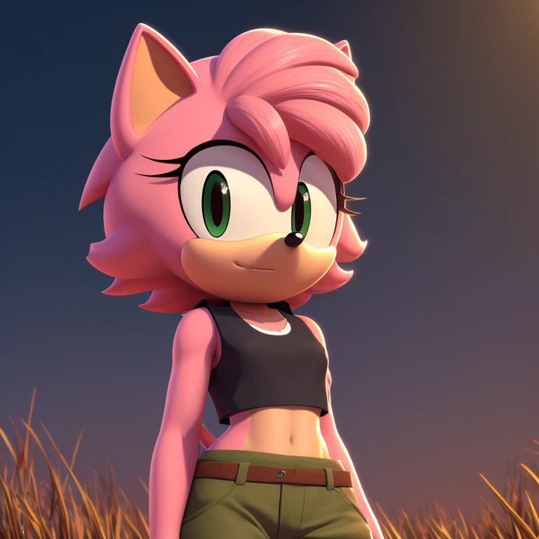 ((Highly detailed)), ((Perfect quality)), ((studio quality)), ((Masterpiece)), ((highres)), ((8k uhd)), ((Good face)), ((Good anatomy)), (((4k))), female hedgehog with light pink fur and tan skin, fluffy bangs, black eyes, small breasts, in the African savanna, golden hour, dim lighting, wearing a dark green cropped vest, and beige cargo pants