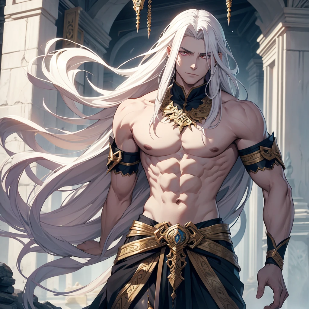Dragon-human form, pale skin, boy, muscular, ancient clothing, slight smirk, solo boy, adorned in jwellery, long flowing hair, no female.