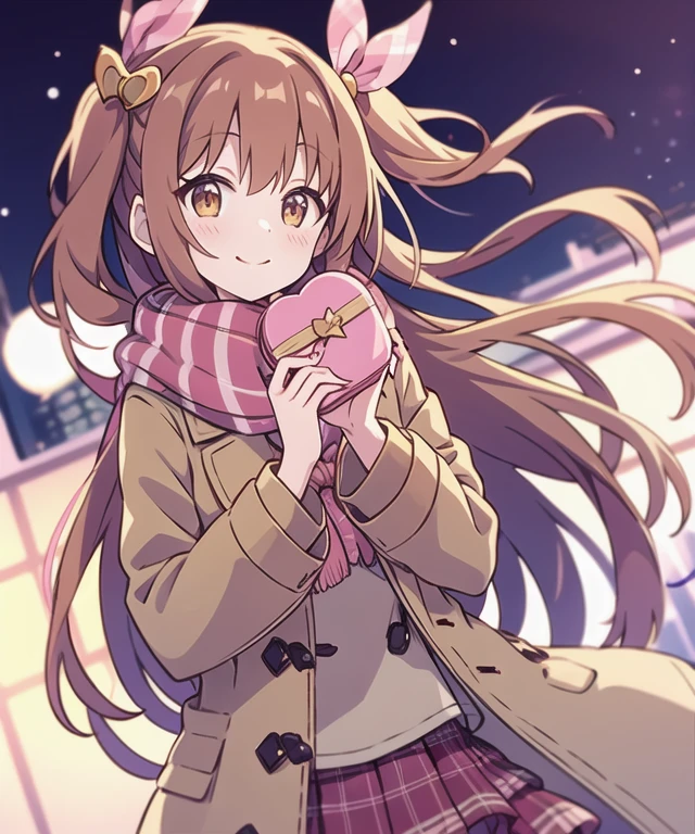 Nozomi_Routine,1 girl, alone, heart-shaped box, long hair,pink scarf, smile, two side up, holding, hair ornaments, looking at the viewer, long sleeve, gift, Valentine, holding gift, fringe trim, gift box, coat, Upper body, heart, From finger to mouth, yellow ribbon, hair ornaments, brown coat , building, School, outdoor