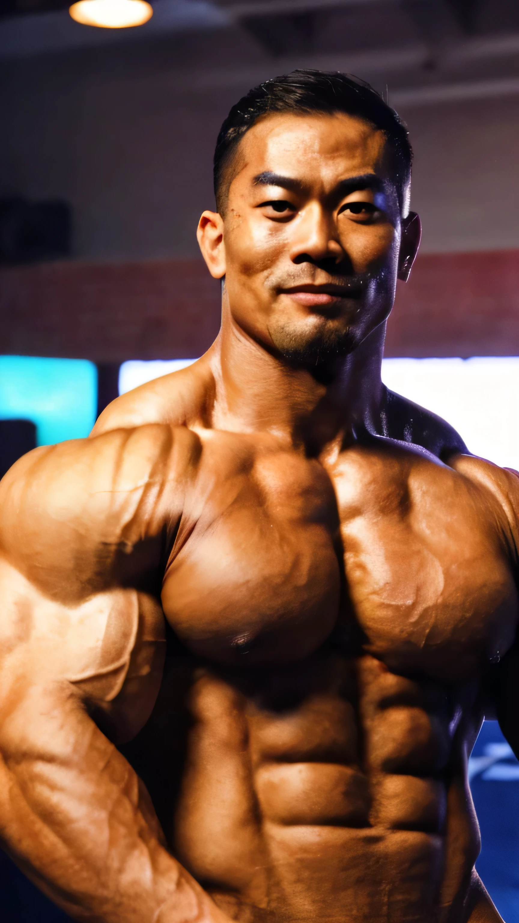 Naked,Japanese Black male bodybuilder, Hidetada yamagishi、(((((no Beard face))))),(((((face Quality))))),(((((High-quality portraits))))),((((High-quality eyes)))),((((hard bulky muscle)))),(((((Asian face)))))bulk fat muscle,elect dick、very short stature、Very Black skin,150cm,90kg,Diagonally upward erection、An excited penis,naked,20yo,Facial hair was shaved、The beard was shaved、turned skin,On stage at a bodybuilding contest、No beard、No mustache、No beard、Very hard muscle,Very hunky,No beard、Highest image quality、A bodybuilder who is extremely lean、big muscles、((((A clear penis shape)))),A thick penis、Large swollen lower chest、Fine skin texture、Wide face、Cheekbones are prominent、Matte skin glow、Very sexually attractive、Each muscle group is highly developed、High quality, Ultra detailed, best quality, insanely detailed, beautiful, masterpiece,nsfw,High quality facial image,natural lighting、