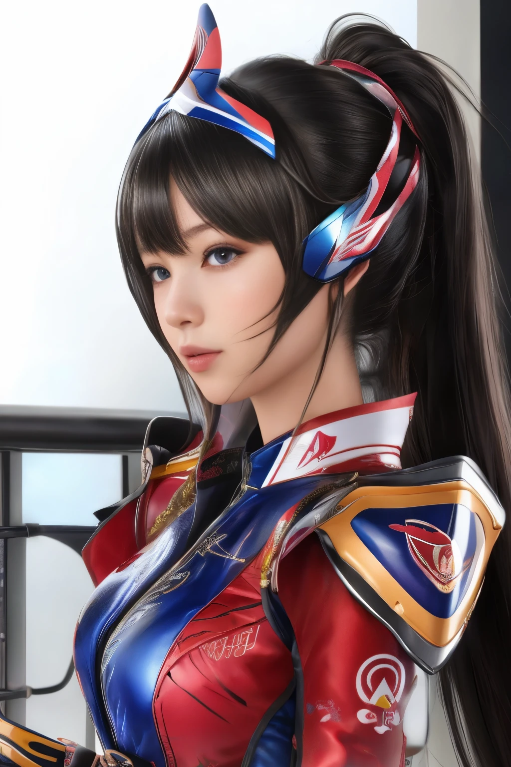 Hyper-realistic portrait of a Japanese girl dressed as Airspeed Ace, intricate and detailed outfit with vibrant colors, close-up, shallow depth of field, soft lighting, high resolution, accurate representation, unique, creative, well-lit, clear details, Canon EOS R5, 100mm lens, f/1.8, elegant, dynamic pose, sophisticated, well-composed