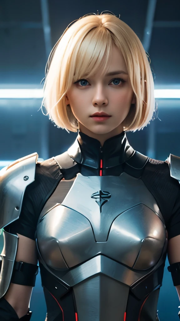 A short straight blonde haired british girl, bang, bob cut, blue eyes, 15 years, young, pale skin, slender body, small breast, tiny chest, Ultra high res, uhd, (photorealistic:1.4), doll-like face, futuristic armor, plasma sword