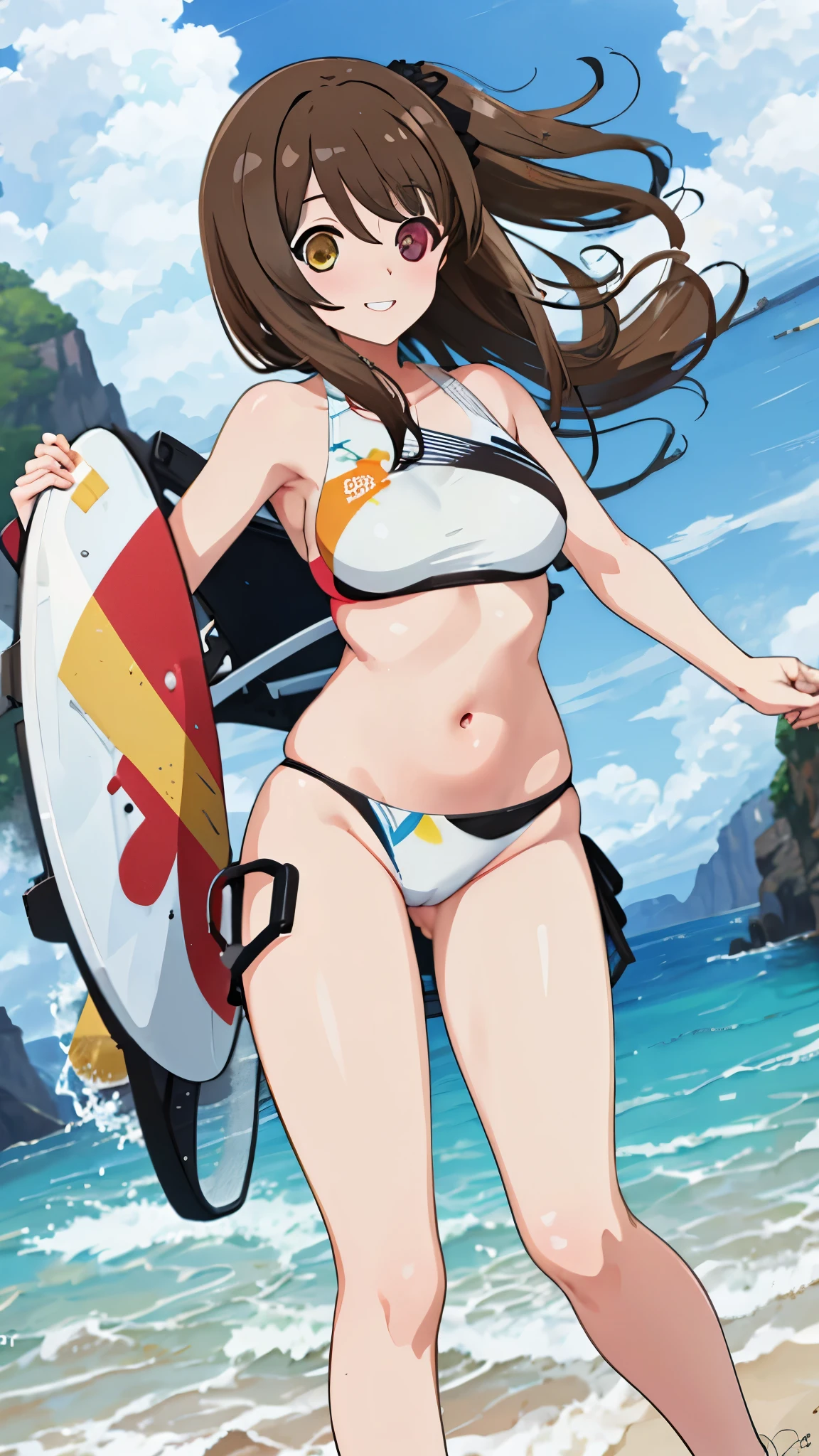 High resolution,masterpiece, highest quality, Kuo Shenlin , heterochromia , smiling , Her cheeks flushed, vaginal secretions , Brown hair ,beach , swim suit