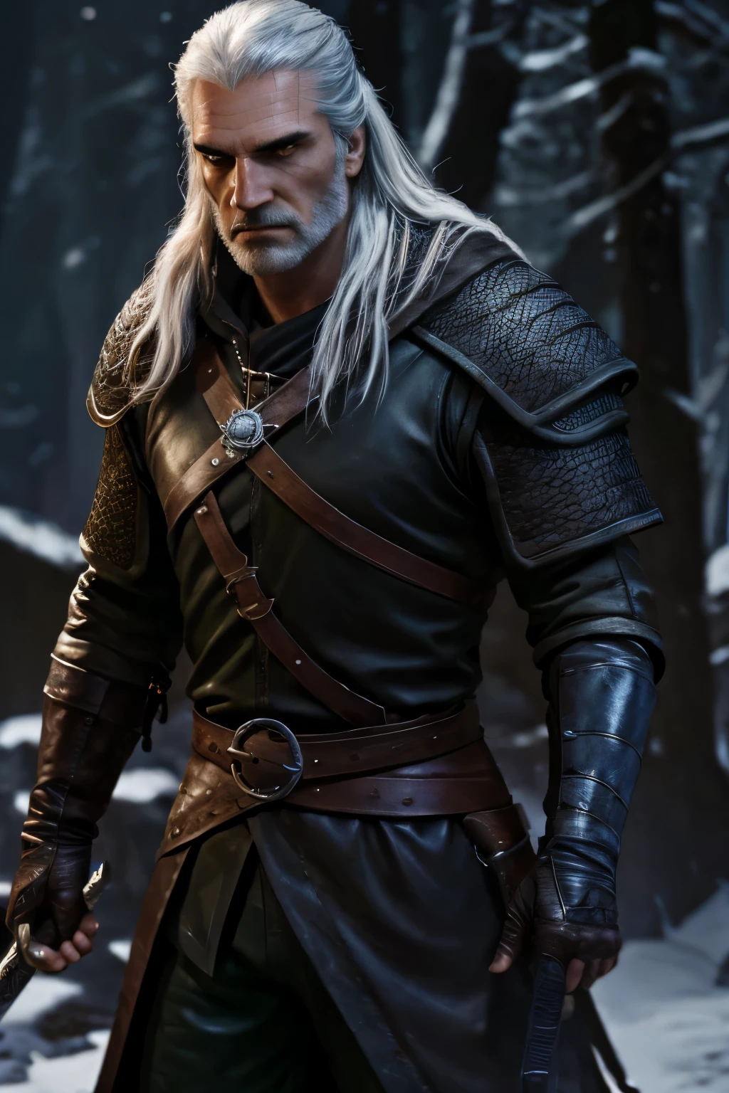 Geralt of Rivia holding his sword, Crash, Lambert and Vesemir, 4K quality, Wolf school background, And the wolf symbol  