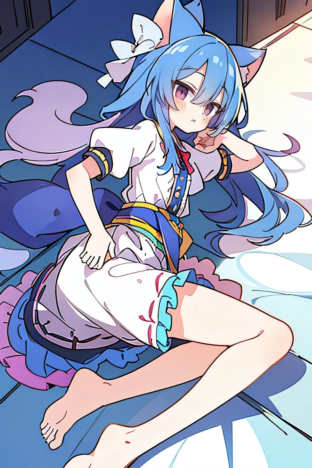 (Masterpiece), best quality, expressive eyes, perfect face, 1girl,
Put your hands on your waist, fair, gorgeous, Japanese comics, girl, Lola, young angel, blue hair, blue hair, flowing clothes, hug the waist, hug the waist, hands on hips, hands on hips, lay down , lying on the ground, legs on the ground, flat chest, cat ears