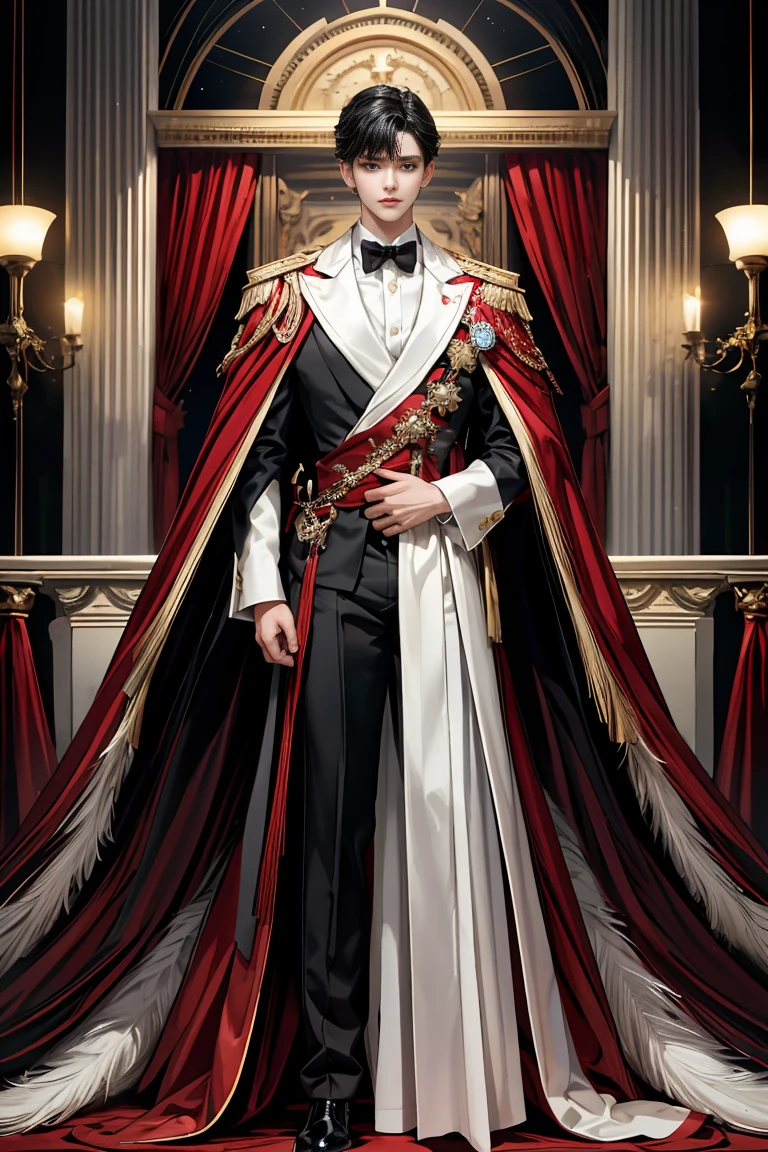 masterpiece, 最high quality, high quality, 1 boy, alone, male focus, looking at the viewer, Messy black hair, blue adorable big eyes, white people, Noble, Noble, beautiful angel、Big Feather、A very large, very big, very big, larger than his height, a very long, long red and black cape made of a lot of fabric that reaches all the way to the floor, ,cute beautiful boy,Cute, cute, handsome, elegant, tuxedo、A very large, tall stand-up collar, a very large, long, floor-length cape made of a lot of fabric, red and black、17 years oldful boy、Cute cute handsome boy