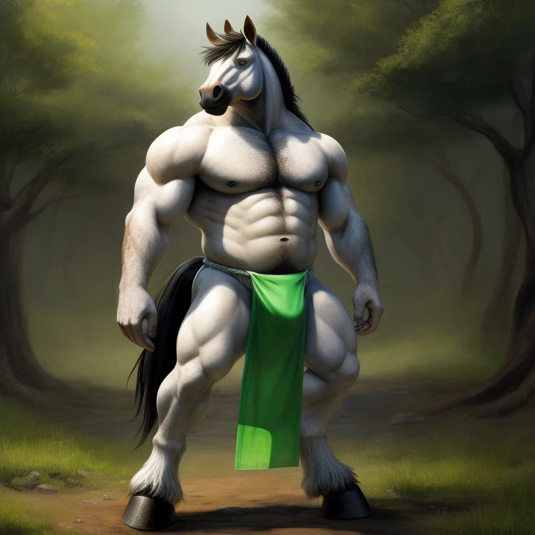 Furry, Antro, Equine, loincloth, hooves, Black, White, Solo, horse, fundoshi white, bulto macho, campo verde, Fundoshi white, detallado, cuerpo completo