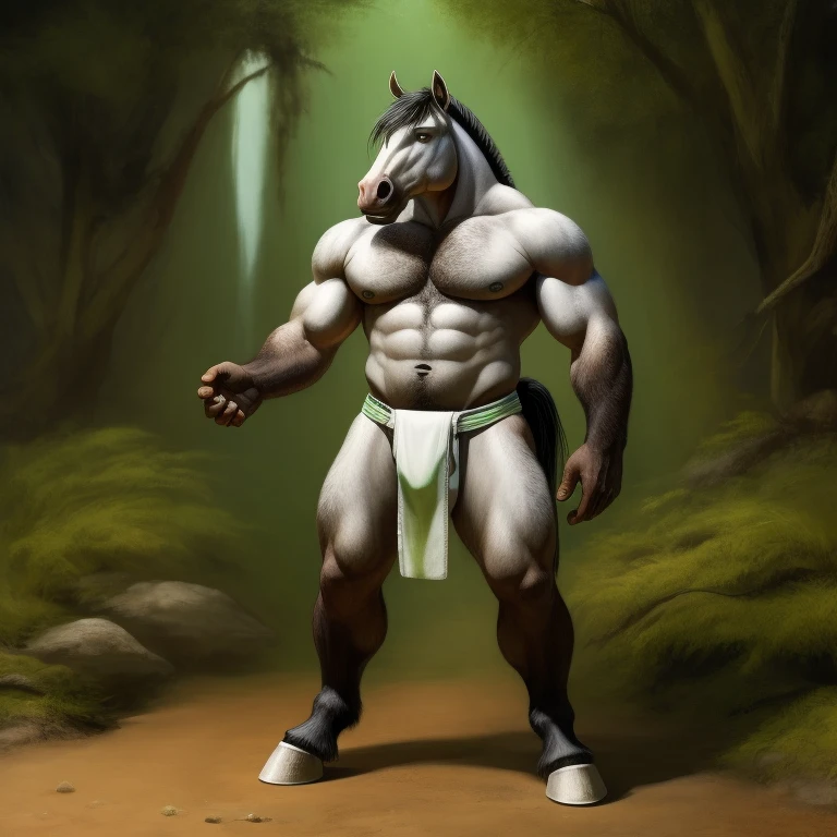 Furry, Antro, Equine, loincloth, hooves, Black, White, Solo, horse, fundoshi white, bulto macho, campo verde, Fundoshi white, detallado, cuerpo completo