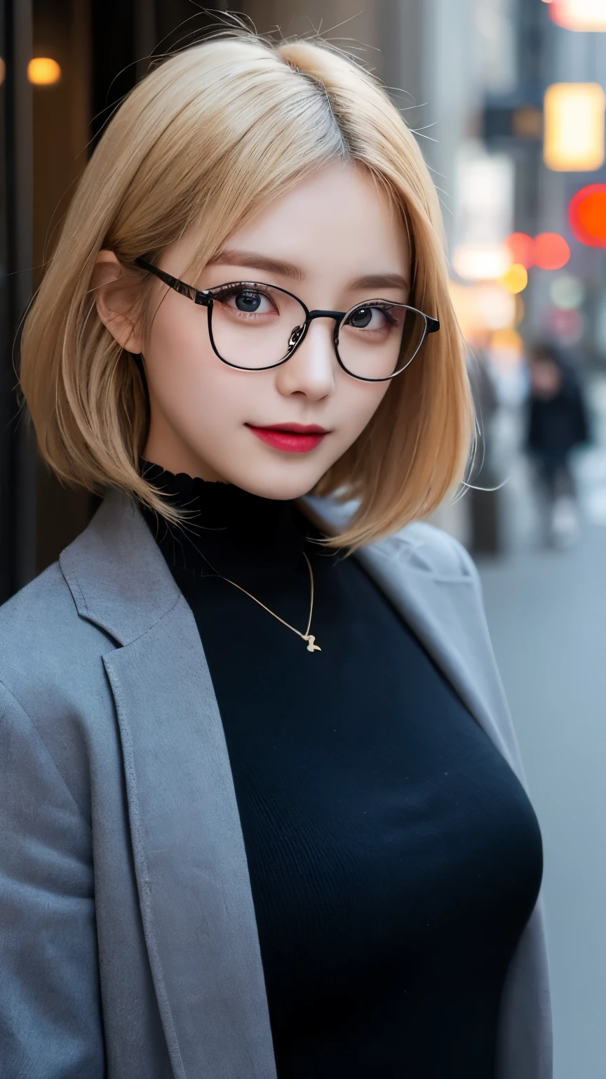 table top, highest quality, shape, Super detailed, finely, High resolution, 8k wallpaper, 完璧なダイナミックな構shape, beautiful and detailed eyes, blonde、medium hair, small breasts, natural color lip, random sexy pose,smile,big city、20 year old girl、midnight、Beautiful and dense face、perfect and beautiful face,Big eyes、beautiful and detailed face、(glasses)、blur the background、Latest Trends in Luxury Winter Dresses(black、setting)