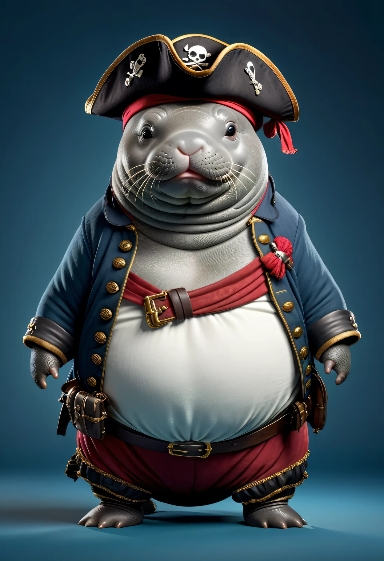 photorealistic portrait of Dressed animals - a ((fat)) [cute] manatee pirate,(hands on hips:1.2),(), high quality,(lovely) ,intricate details, highly detailed (( pirate costume)), wearing pirate cap , highly detailed pirate equipment , (happy), studio lighting,(),(simple background)