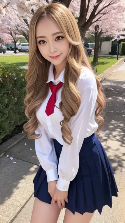 (Raw photo,realistic, Photoreal: 1.4, masterpiece, highest quality), 8K, 1 beautiful Japan woman, alone, 20-year-old, cute smile, Fairly medium sized breasts, Beautifully detailed round eyes, droopy eyes 1.4, long blonde hair, wavy hair, (Highly detailed face and skin texture), black skin, Nji, full body,whole body,Random girly attractive poses,high school girl,uniform,white blouse,red tie,Navy blue pleated mini skirt,Entrance ceremony,cherry blossoms