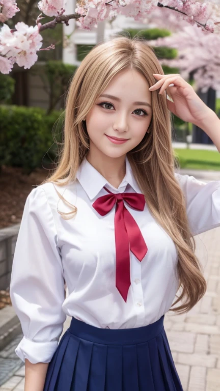 (Raw photo,realistic, Photoreal: 1.4, masterpiece, highest quality), 8K, 1 beautiful Japan woman, alone, 20-year-old, cute smile, Fairly medium sized breasts, Beautifully detailed round eyes, droopy eyes 1.4, long blonde hair, wavy hair, (Highly detailed face and skin texture), black skin, Nji, full body,whole body,Random girly attractive poses,high school girl,uniform,white blouse,red tie,Navy blue pleated mini skirt,Entrance ceremony,cherry blossoms