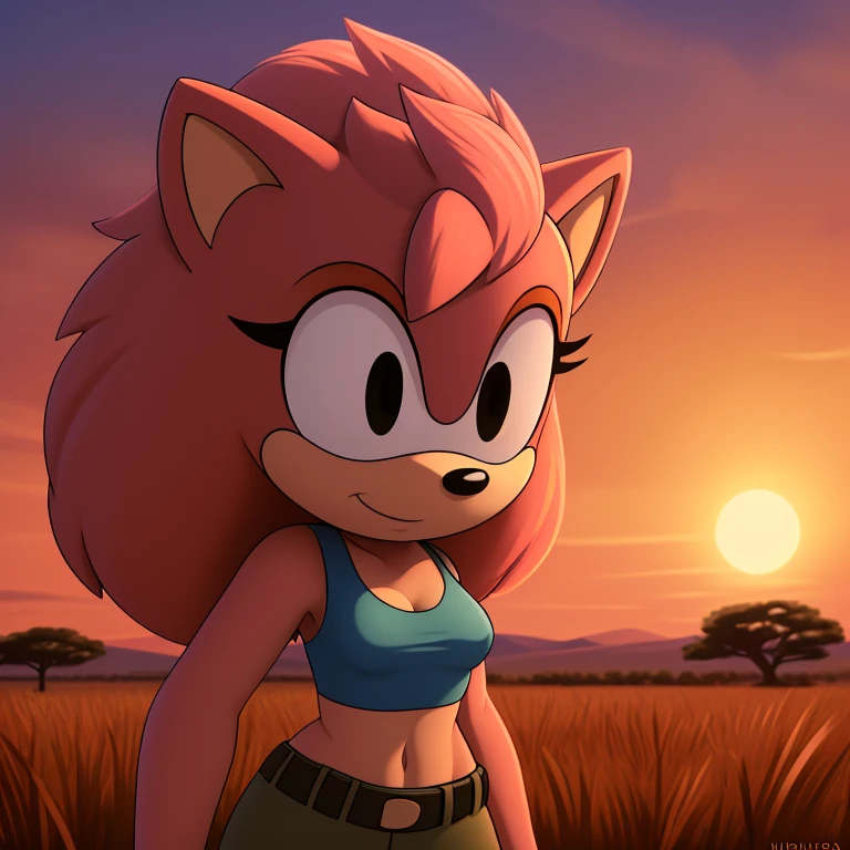 Amy Rose, 1girl, ((big breasts)) (((furry)) hot, intense colors, ((nsfw)), solo, tree, sky, outdoors, skirt, cloud, brown, hair, sunset, lens, flare, scenery, school, sun, wind, long, sleeves, animal nose