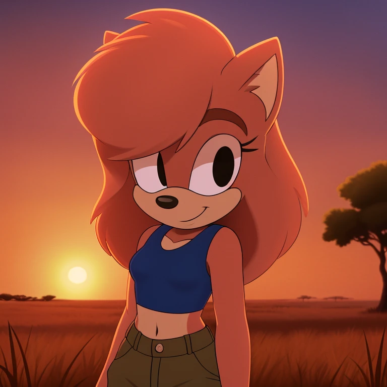 ((Highly detailed)), ((Perfect quality)), ((studio quality)), ((Masterpiece)), ((highres)), ((8k uhd)), ((Good face)), ((Good anatomy)), (((4k))), female hedgehog with light pink fur and tan skin, fluffy bangs, black eyes, small breasts, in the African savanna, golden hour, dim lighting, wearing a dark green cropped vest, and beige cargo pants