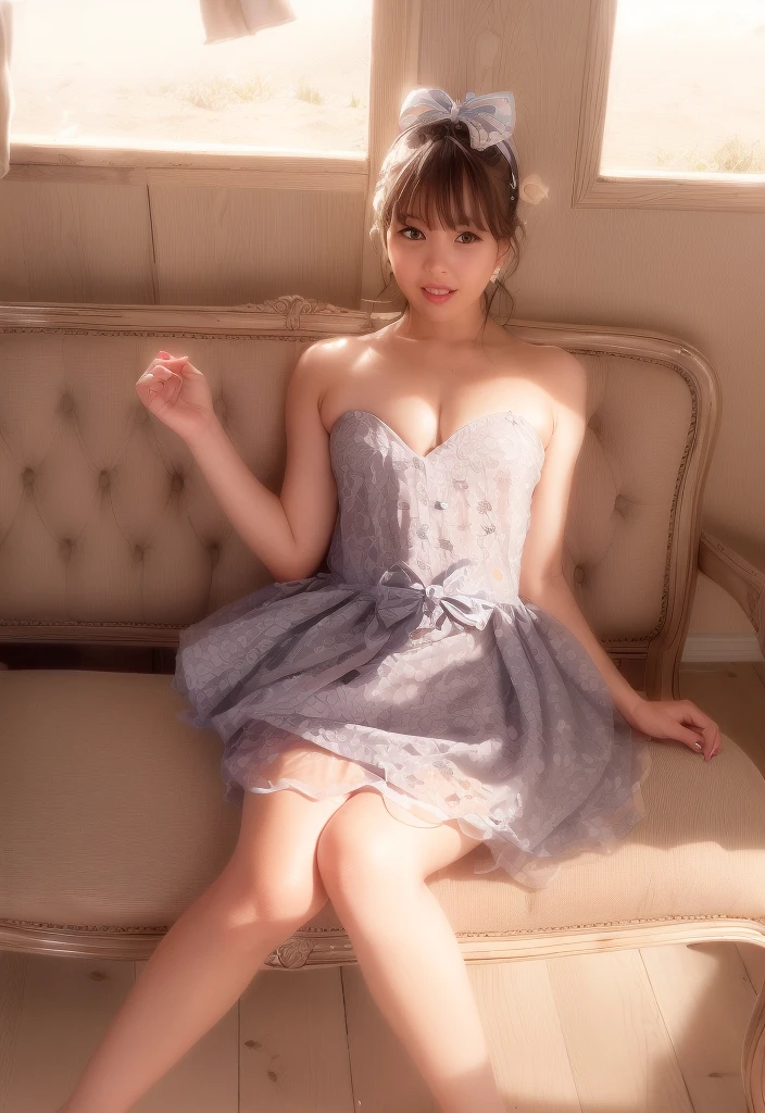 (dynamicposes:1.4), (dynamic ungle:1.4), Romper (Detailed background:1.4)、hyper detailed background、(Floating light blue clouds:1.4)、(Floating blue flowers:1.4)、 Romper (perfect anatomia、perfect hand:1.4)、(Perfect five fingers:1.4)、(Perfect 4 long fingers and perfect short thumb:1.4)、(Thumb shorter than the other 4 fingers:1.4)、(Perfect two arms:1.4)、(Perfect two legs:1.4)、((top-quality、8K、​masterpiece:1.3))、1girl in、full body Esbian、Slim Faces、Pretty women、(dark brown  hair)、hyperdetailed face、A detailed eye、double eyelid、blured background、Slim Faces、Cute、extremely delicate and beautiful girl、Overall、ultra-detailliert、4K、masutepiece、small mouth、Colossal tits、a short skirt,high waist skirt,high-necked,Sleeveless,bob cuts,long boots,ultra-detailliert, 4K, masutepiece,Smile,small mouth,White underwear、Skirts that show the body line(lift skirt)、low angles、(pantyshot:1.1)、(skirt rift)、(skirt lift by yourself)、((sweat-wet skin))、(((Upper body naked)))、(((Shy face)))