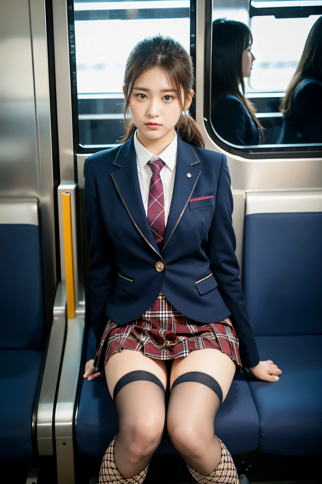 (8K), (highest quality: 1.2), (realistic), (realistic: 1.37), ultra high resolution, 1 girl, cute, serious face, closed mouth, beautiful details, beautiful nose, beautiful hair, ponytail,giant dulcefo, pork, thighs,self snap,University Student Uniform,Sitting on a train in Tokyo,simple blazer,pleated skirt,(The pattern of the skirt and tie is a tartan check pattern....:1.3),cross your legs, From above,(thighsにクローズアップ),(光沢のあるthighs),(Opaque blue knee-high socks:1.2)