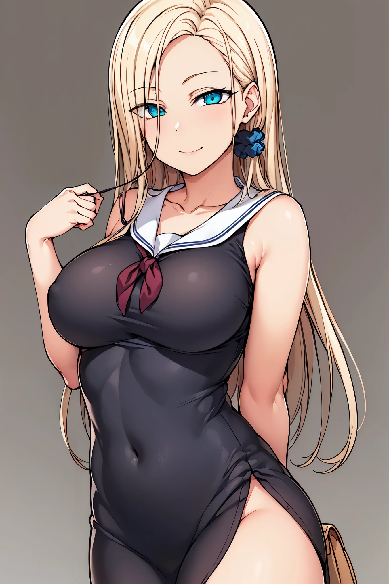 blonde hair, blue eyes,long hair,parted bangs,
BREAK (serafuku,  shoulders, dress, sleeveless, collarbone, bag, handbag, scrunchie, sleeveless dress:1.2)
BREAK  cowboy shot, light smile, arm behind back,
BREAK Simple White Background,
BREAK (masterpiece:1.2), best quality, high resolution, unity 8k wallpaper, (illustration:0.8), (beautiful detailed eyes:1.6), extremely detailed face, perfect lighting, extremely detailed CG, (perfect hands, perfect ),