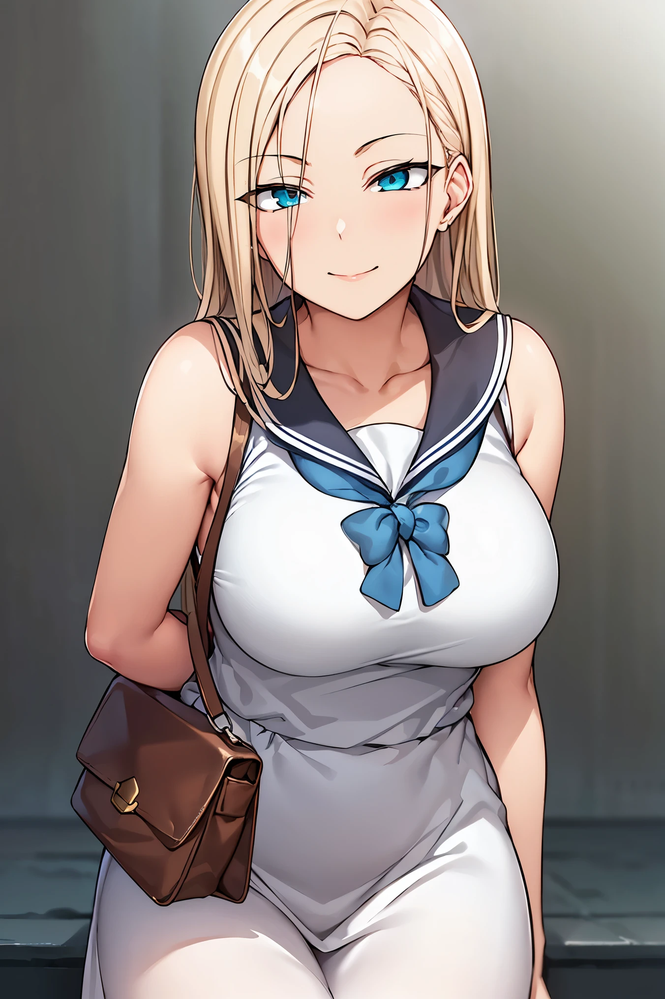 blonde hair, blue eyes,long hair,parted bangs,
BREAK (serafuku, bare shoulders, dress, sleeveless, collarbone, bag, handbag, scrunchie, sleeveless dress:1.2)
BREAK  cowboy shot, light smile, arm behind back,
BREAK Simple White Background,
BREAK (masterpiece:1.2), best quality, high resolution, unity 8k wallpaper, (illustration:0.8), (beautiful detailed eyes:1.6), extremely detailed face, perfect lighting, extremely detailed CG, (perfect hands, perfect anatomy),