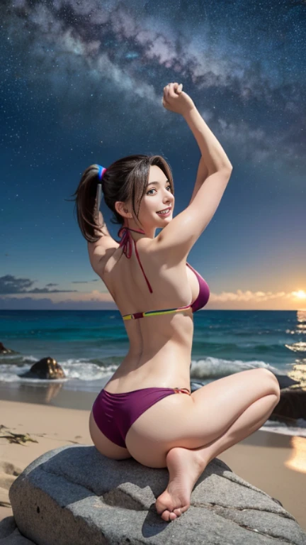table top, (highest quality), 23 years old,Super detailed, finely, High resolution, (8K), ((Perfect rear view configuration)), natural color lip,(ponytail:1.3),((A girl sits with her legs spread apart on a rock)),(sitting barefoot on the sand:1.3),((Rainbow Color Bold Bikini)),((Bold Bikini)),((full body:1.3),,((buckshot:1.2)),((Rear view:1.2)),(look at the starry sky),((Pose with your arms raised above your head)),(Please look back and smile),((big breasts)),((big ass)),
