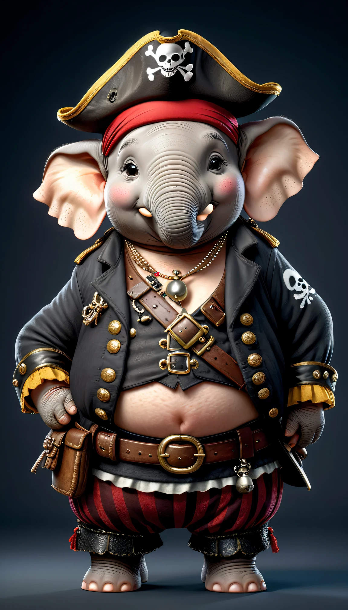 photorealistic portrait of Dressed animals - a ((fat)) [cute] elephant pirate,(hands on hips:1.2),(), high quality,(lovely) ,intricate details, highly detailed (( pirate costume)), wearing pirate cap , highly detailed pirate equipment , (happy), studio lighting,(elephant skin),(simple background)