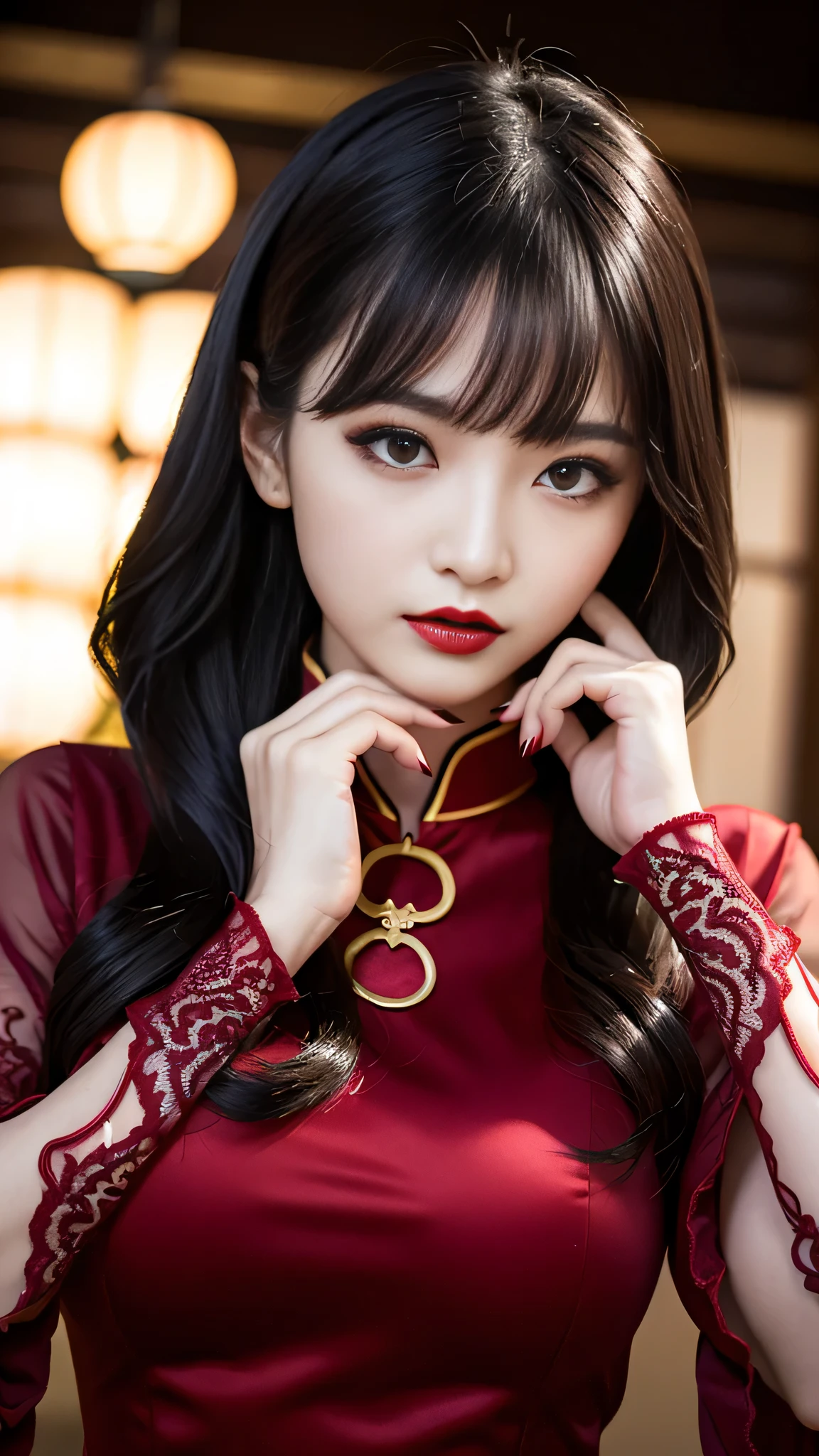 tra-detailed、Japanese、attractive beauty、seductive adult woman、pretty woman、piercing eyes、cool girl、wavy hair、swept bangs、Long Black Cheongsam、wide sleeves、slit、beautiful feet、Evil cadres、evil depravity、brainwash、mind control、lipstick、lip gloss、dark makeup、smirk、Evil expression、evil、hollow eyes,half-closed eyes、empty eyes、evil、church at night、vampire、succubus、vampire、Swear allegiance、Makeup items