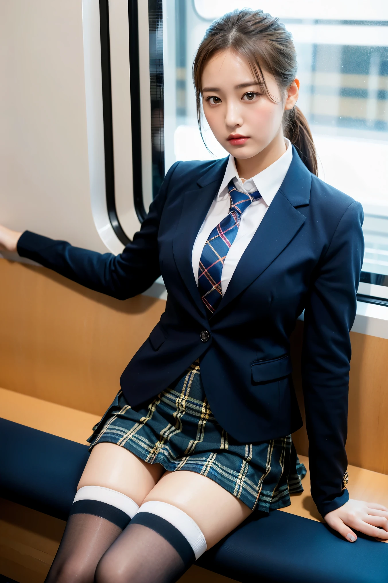 (8K), (highest quality: 1.2), (realistic), (realistic: 1.37), ultra high resolution, 1 girl, cute, serious face, closed mouth, beautiful details, beautiful nose, beautiful hair, ponytail,giant dulcefo, pork, thighs，self snap,University Student Uniform,Sitting on a train in Tokyo,simple blazer,pleated skirt,(The pattern of the skirt and tie is a tartan check pattern....:1.3),cross your legs, From above,(thighsにクローズアップ),(光沢のあるthighs),(Opaque blue knee-high socks:1.2)