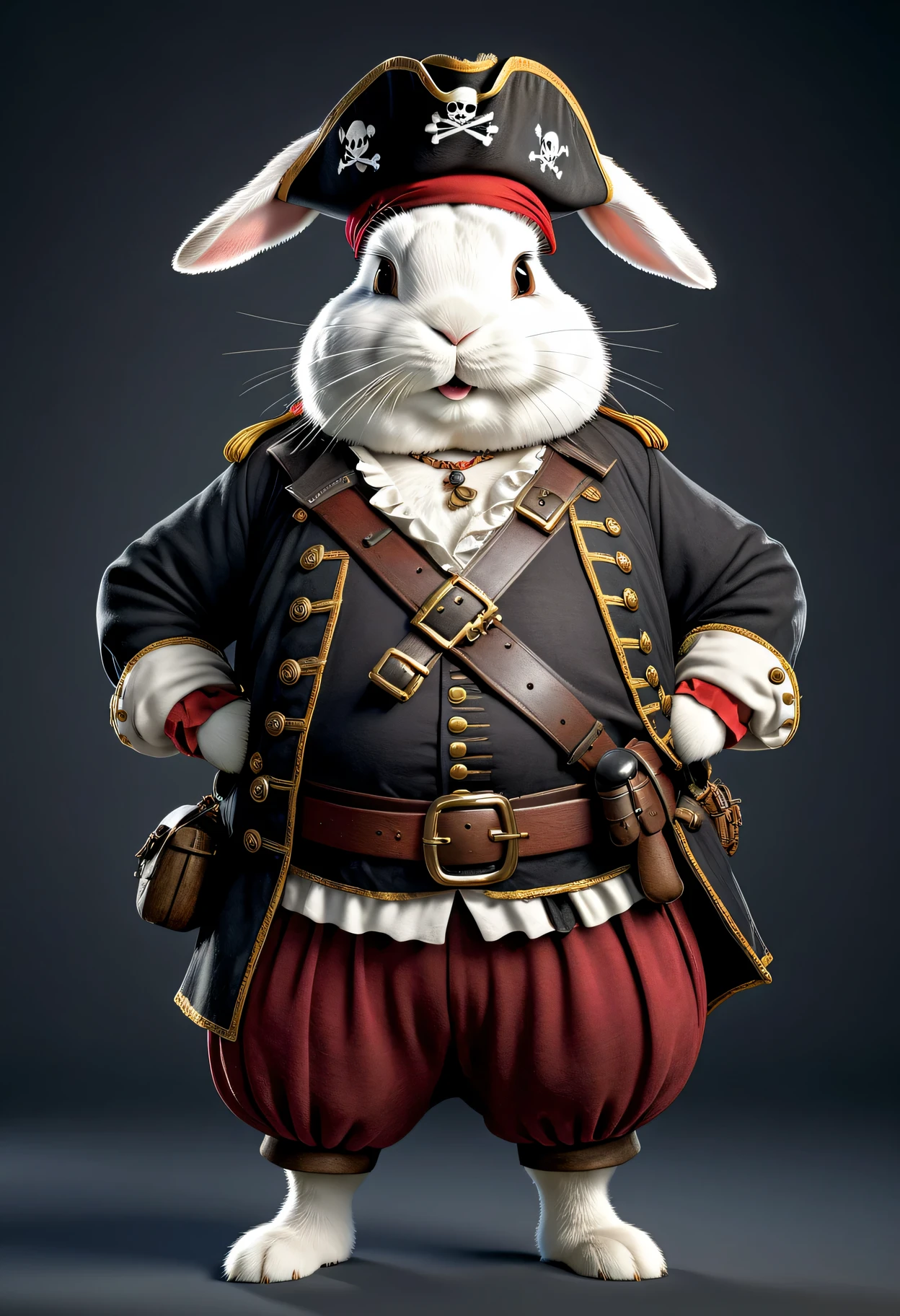 photorealistic portrait of Dressed animals - a ((fat)) rabbit pirate,(hands on hips:1.2),(), high quality,(lovely) ,intricate details, highly detailed (( pirate costume)), wearing pirate cap , highly detailed pirate equipment , (happy), studio lighting,(flurry),(simple background)