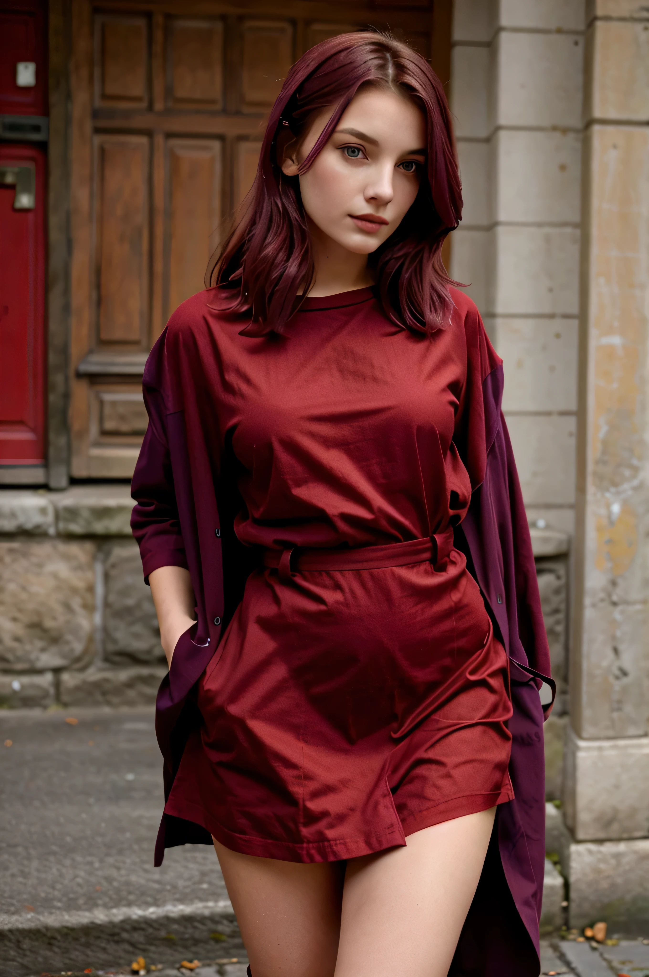 jeune fille de 20 ans au cheveux tres long violet avec une veste ROUGE, habiller en ROUGE, vetue de ROUGE, OUTFIT RED, une tenue rouge, tshirt rouge RED rouge, habiller rouge mode, robe rouge, tenue vestimentaire rouge