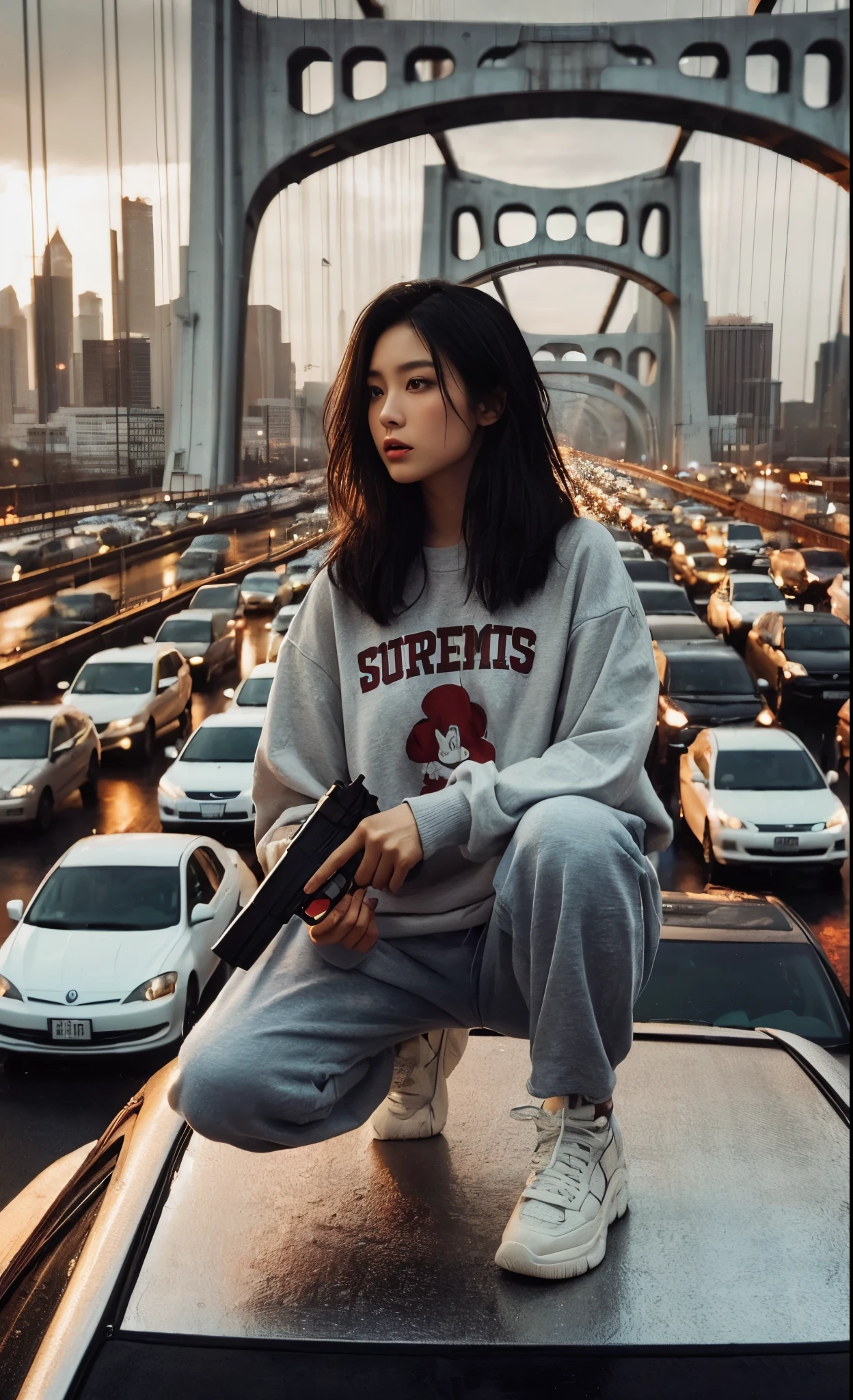 (best quality,8k,realistic photo,realistic skin texture),(beautiful Japanese woman,Japanese woman),(standing on the roof of a car,having a gun in her hand),(on a bridge),(abandoned cars with open doors),(traffic jam),(wearing a supreme T-shirt),(wearing sneakers),(dynamic pose),(tattoo),(rainy weather)