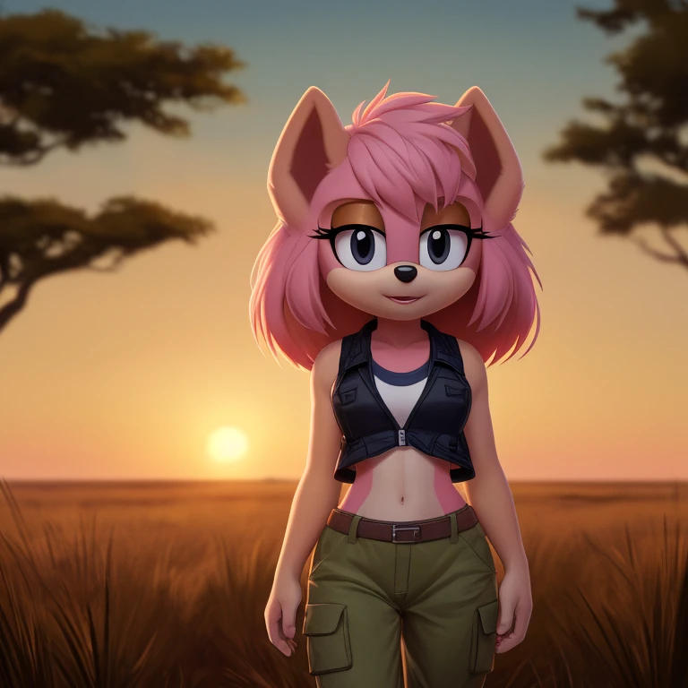((Highly detailed)), ((Perfect quality)), ((studio quality)), ((Masterpiece)), ((highres)), ((8k uhd)), ((Good face)), ((Good anatomy)), (((4k))), female hedgehog with light pink fur and tan skin, fluffy bangs, black eyes, small breasts, in the African savanna, golden hour, dim lighting, wearing a dark green cropped vest, and beige cargo pants