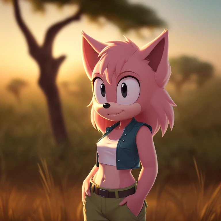 ((Highly detailed)), ((Perfect quality)), ((studio quality)), ((Masterpiece)), ((highres)), ((8k uhd)), ((Good face)), ((Good anatomy)), (((4k))), female hedgehog with light pink fur and tan skin, fluffy bangs, black eyes, small breasts, in the African savanna, golden hour, dim lighting, wearing a dark green cropped vest, and beige cargo pants