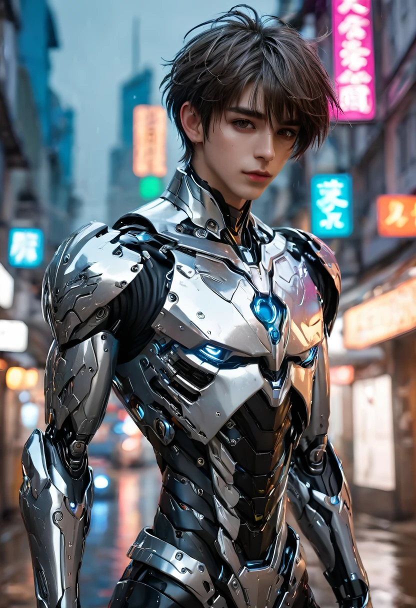 {{master piece}}, best quality, photograph of sexy twink, scantily clad, small flat chest, armor does not cover his bare chest and bare torso, ((exposed flat pectoralis muscles)), handsome detailed eyes, handsome boyish face, detailed cyberpunk city, flat chest, handsome detailed hair, wavy hair, handsome detailed street, mecha clothes, robot boy, cool movement , skinny twink body, {filigree}, dragon wings, colorful background, rainy days, {lightning effect}, beautiful, detailed sliver dragon armor，