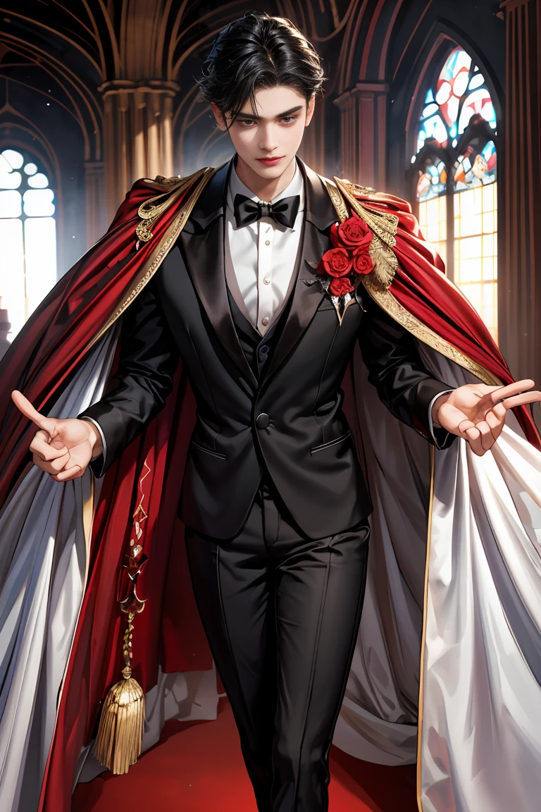 masterpiece, 最high quality, high quality, 1 boy, alone, male focus, looking at the viewer, Messy black hair, blue adorable big eyes, white people, Noble, Noble, beautiful angel、Big Feather、The tuxedo was accompanied by a very large, very large, very long, long red and black cape made of a huge amount of fabric that reached all the way down to the floor., 17 years old,cute beautiful boy,cute cute handsome boy
