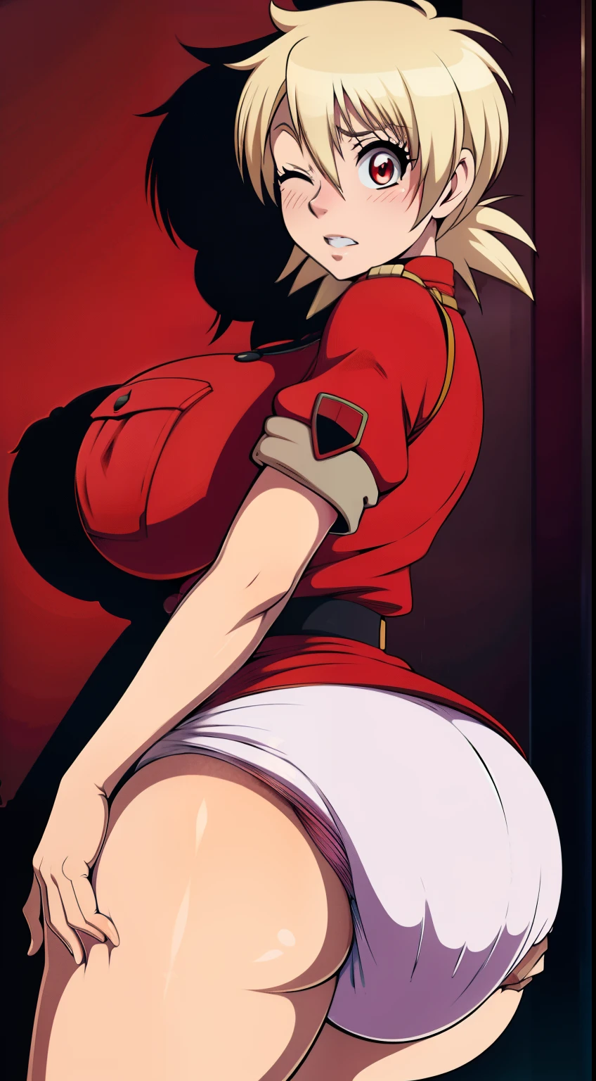 High resolution, , front view Hellsing Ultimate art style, Seras Victoria, 1girl, ((bimbo))), short blond hair, red eyes, puffy lips, thick lips, wide hips, thick thighs, enormous round fake breast, huge ass, large voluptuous ass ,eyes closed, in red , straining, facial tension, straining face, stress girlfriend, blushing, tight police uniform, tight top, squishy breasts, ( diaperMess , poufy diaper , white diaper, white diaper, diaper over clothes )