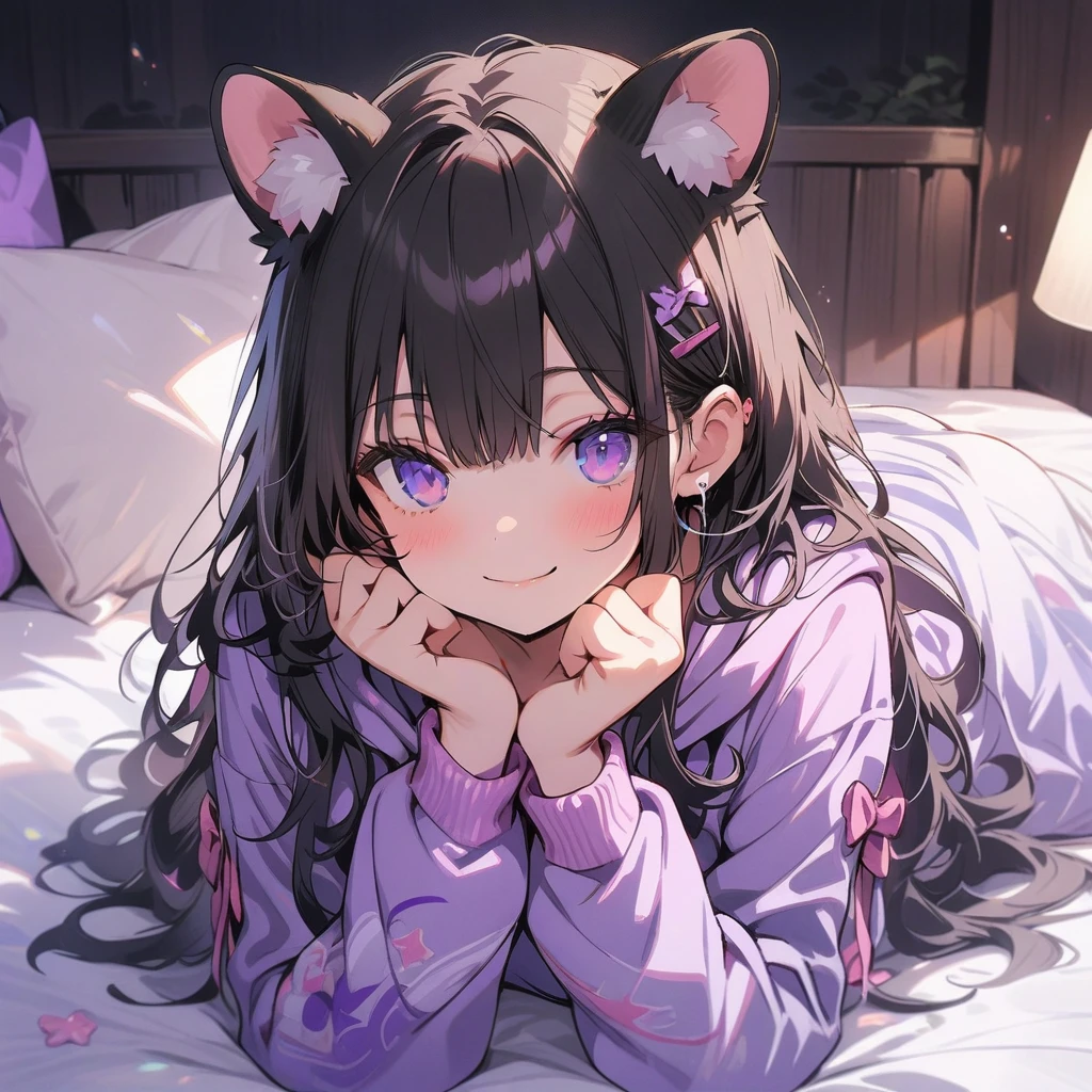 (masterpiece, best quality:1.2), 1girl, solo, bedroom, purple, purple eyes, purple hoodie, hoodie ears, hoodie on, cute short smile