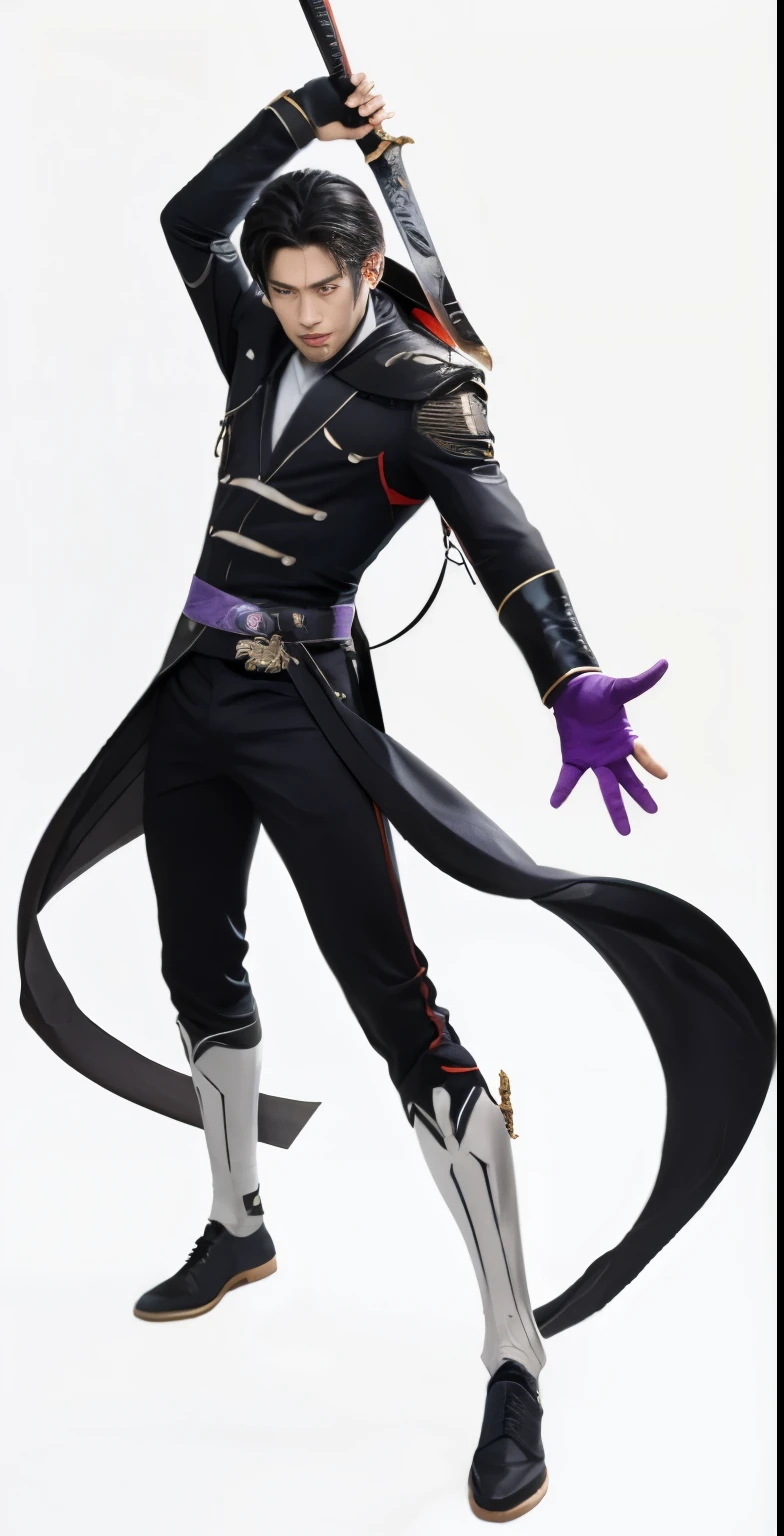 Sword in hand, red eyes, white skin, purple gloves, black clothes, handsome cool Asian boy,masterpiece, best quality, key visual, vibrant, highly detailed, realistic, photorealistic, 8k , masterpiece, best quality, close-up, portrait, face focus,, masterpiece, best quality, . award-winning, professional, highly detailed,shot on sony a7iv,sigma 50mm f1.4,photo-realistic.