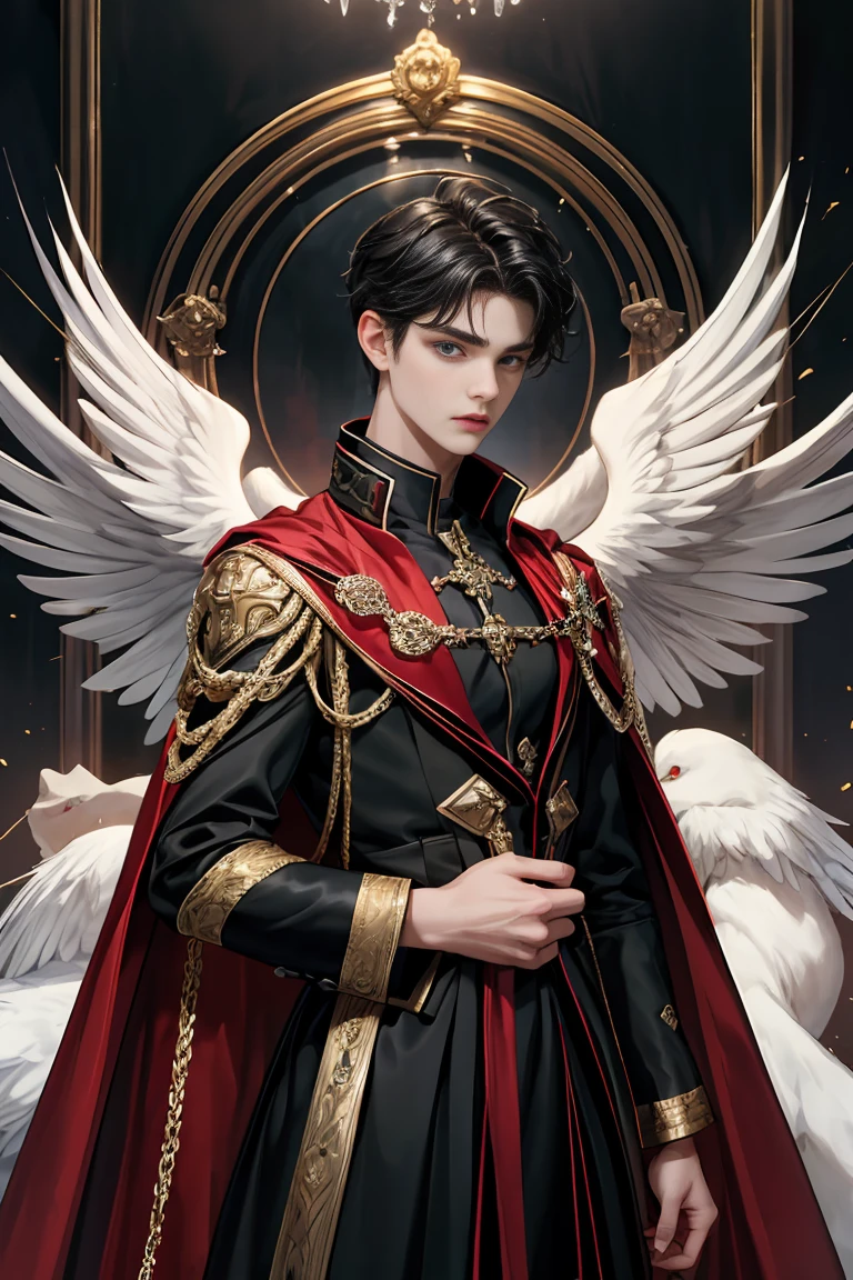 masterpiece, 最high quality, high quality, 1 boy, alone, male focus, looking at the viewer, Messy black hair, blue adorable big eyes, white people, Noble, Noble, Beautiful Archangel、A very big, very big, very big, very long, long red and black cape made with a lot of fabric that reaches all the way down to the floor, 17 years old,cute beautiful boy,cute cute handsome boy