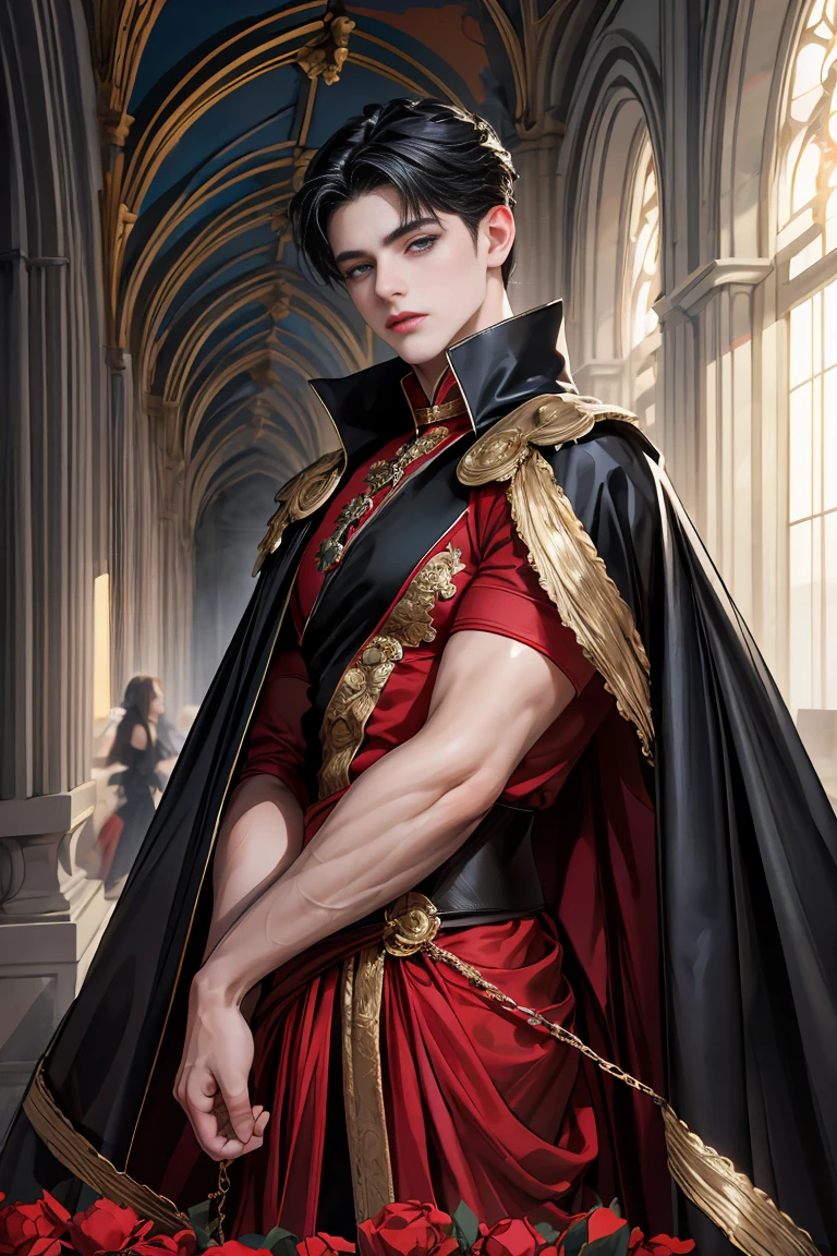 masterpiece, 最high quality, high quality, 1 boy, alone, male focus, looking at the viewer, Messy black hair, blue adorable big eyes, white people, Noble, Noble, Beautiful Archangel、A very big, very big, very big, very long, long red and black cape made with a lot of fabric that reaches all the way down to the floor, 17 years old,cute beautiful boy,cute cute handsome boy