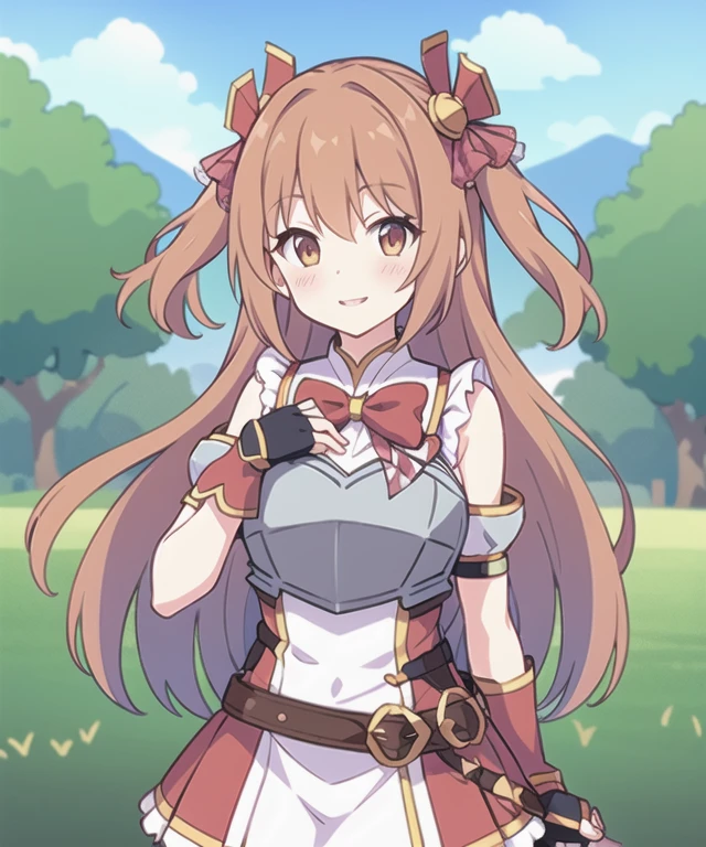 Nozomi_Default, 1 girl, armor, fingerless gloves, long hair, looking at the viewer, grassland, チェック柄のribbon, smile, two side up, hold out your hand, hair ornaments, chest, red bow, frills, Upper body, bare shoulders, parted lips, チェック柄のribbontie, removed sleeve, skirt, ribbon, chest当て, armor, raise your hand