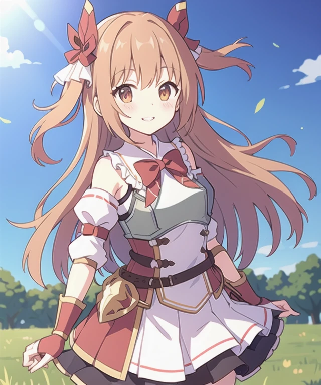 Nozomi_Default, 1 girl, armor, fingerless gloves, long hair, looking at the viewer, grassland, チェック柄のribbon, smile, two side up, hold out your hand, hair ornaments, chest, red bow, frills, Upper body, bare shoulders, parted lips, チェック柄のribbontie, removed sleeve, skirt, ribbon, chest当て, armor, raise your hand