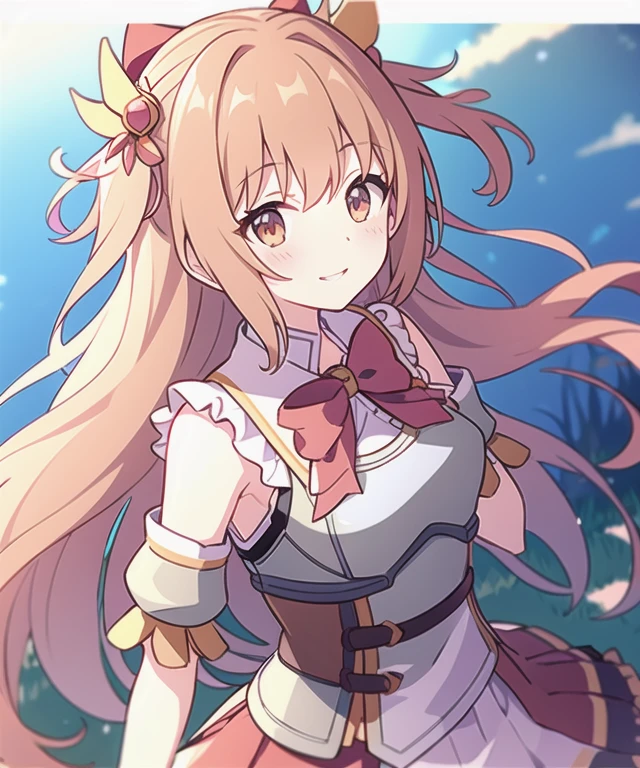 Nozomi_Default, 1 girl, armor, fingerless gloves, long hair, looking at the viewer, grassland, チェック柄のribbon, smile, two side up, hold out your hand, hair ornaments, chest, red bow, frills, Upper body, bare shoulders, parted lips, チェック柄のribbontie, removed sleeve, skirt, ribbon, chest当て, armor, raise your hand