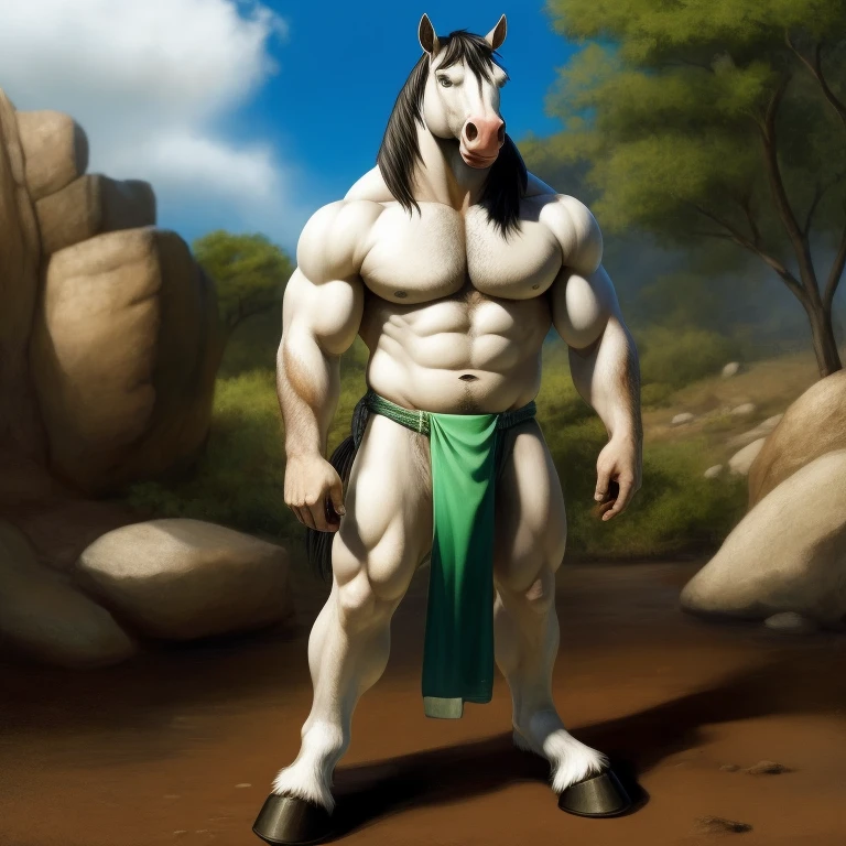 Furry, Antro, Equine, loincloth white, hooves, Black, Marron, Solo, horse, fundoshi white, bulto macho, campo verde, Fundoshi blanco, detallado, cuerpo completo