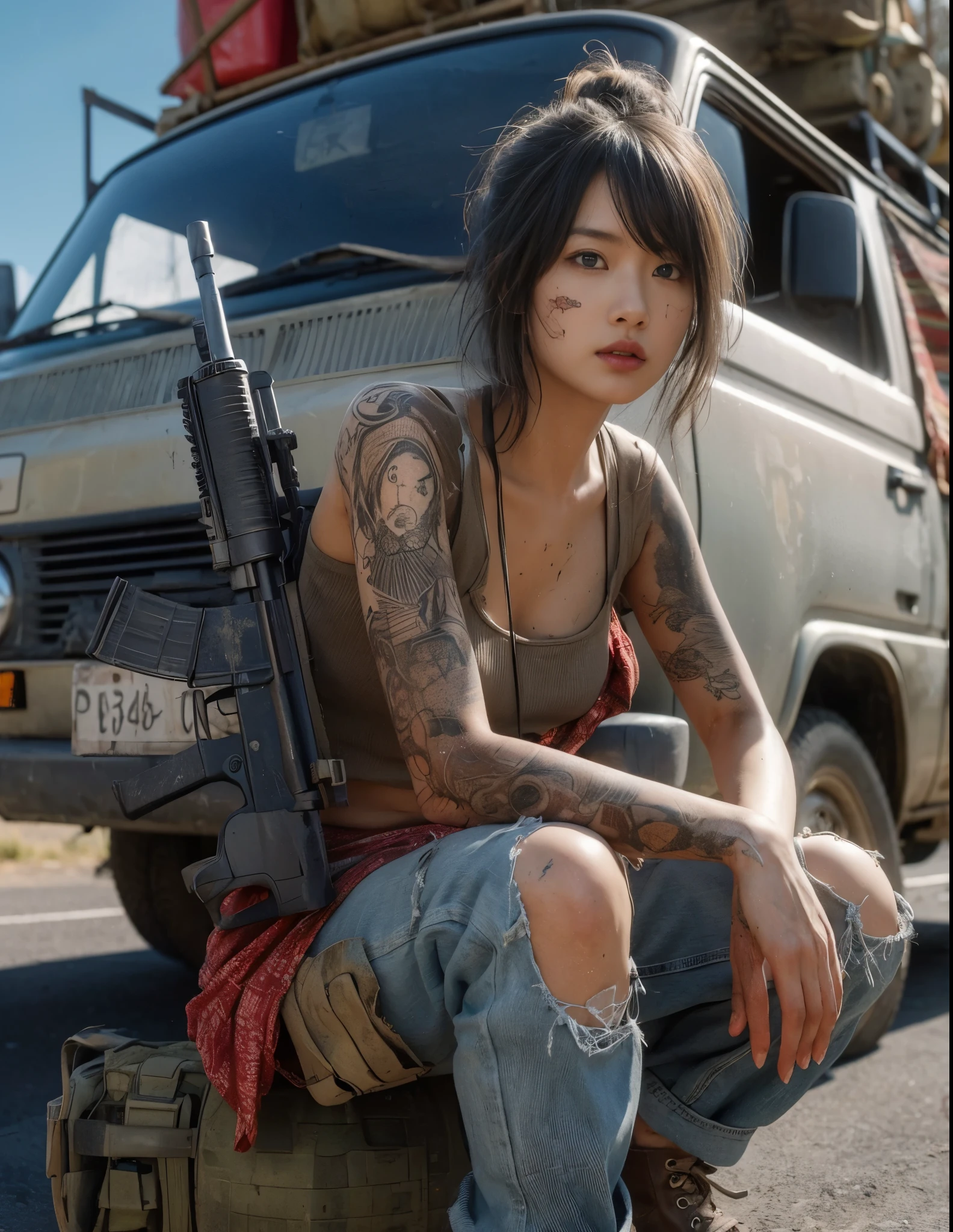 8K,realistic photo、realistic skin texture、Beautiful Japanese women、Loaded luggage on the roof A very small old wagon、Sitting on the roof of a car、Automatic rifle leaning against a wagon、The wagon has signs of repair.、Dirty and torn SupremeTshirt、camouflage pants、Dirty sneakers of different colors on each side、Pose with movement、dramatic composition、tattoo、one person、Wilderness Road、sunny、