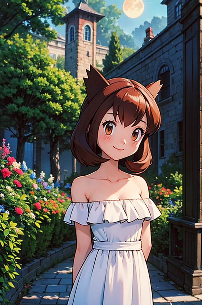 masterpiece, best quality, ultra-detailed, illustration, beautiful detailed eyes, very detailed illustration, cinematic lighting, 1 girl, solo, Pokemon Heroes (Bianca), Brown Hair, brown eyes, bare shoulders, strapless, off shoulders, white ruffle off the shoulder maxi dress, intricate details, sharp focus, high resolution, the background of beautiful garden with a forest of flowers, on a beautiful night, crescent moon, smile, standing near a big lake, arms behind back, anime style, ultra-detailed, hdr, far at the bottom, in the center, Close up
