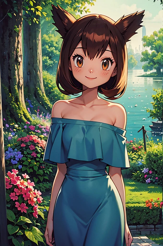 masterpiece, best quality, ultra-detailed, illustration, beautiful detailed eyes, very detailed illustration, cinematic lighting, 1 girl, solo, Pokemon Heroes (Bianca), Brown Hair, brown eyes, bare shoulders, strapless, off shoulders, white ruffle off the shoulder maxi dress, intricate details, sharp focus, high resolution, the background of beautiful garden with a forest of flowers, on a beautiful night, crescent moon, smile, standing near a big lake, arms behind back, anime style, ultra-detailed, hdr, far at the bottom, in the center, Close up
