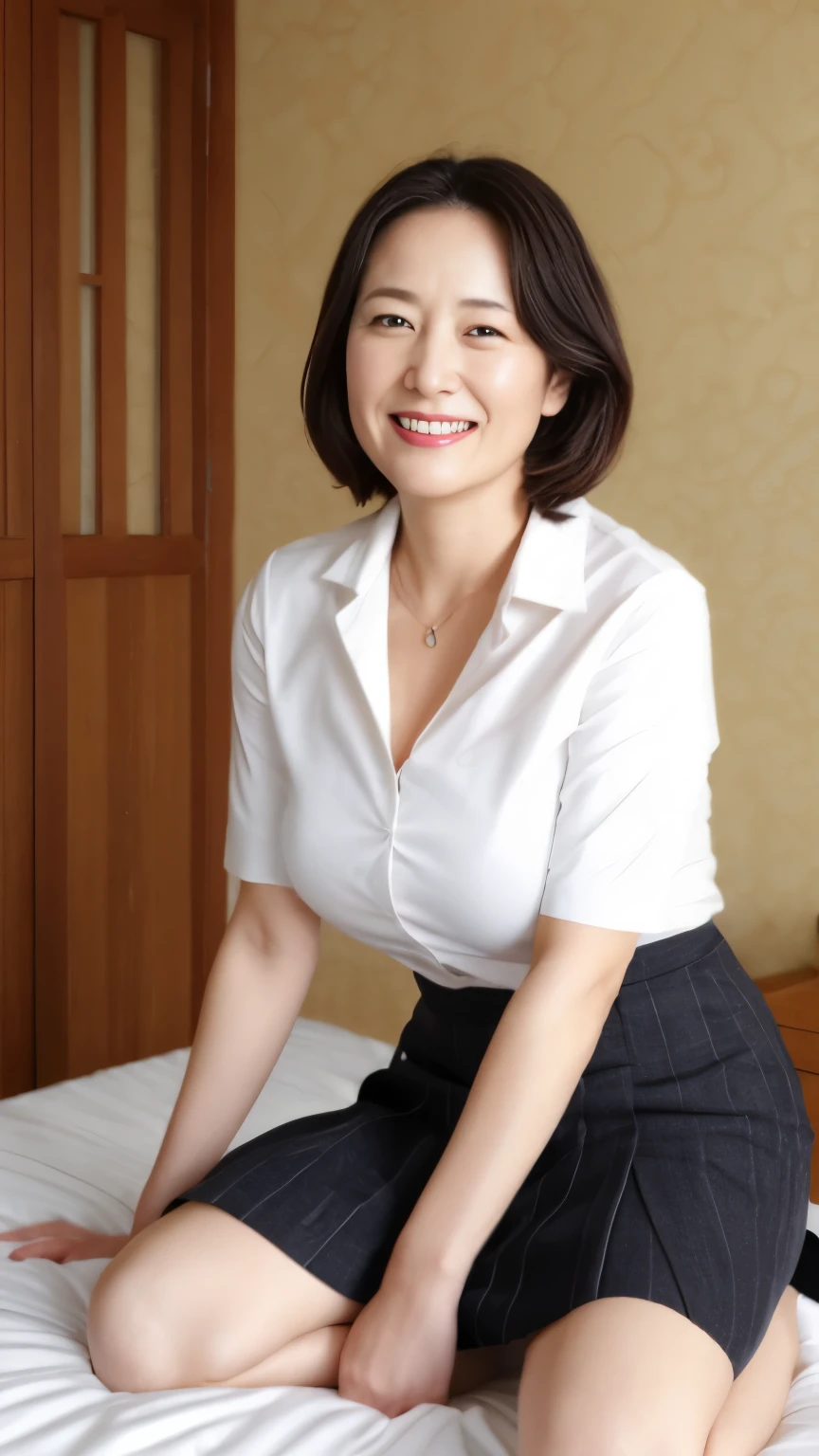 portrait、8K、high quality、realistic photo images、50 years old、japanese woman、wrinkles around the eyes、young proprietress of an inn、Reproduces natural and realistic eyes、Japanese Stand、、美しいblack hair、short hair、short hair、light makeup、octane rendering、beautiful lighting、composition of golden ratio、gentle smile、laughter、short sleeveの服、bright colors、casual clothes、short sleeveの旅館の従業員の服装、short sleeve、mini skirtの服装、mini skirt、thighs、very short skirt、On a futon at a hot spring inn、The interior of the inn、Welcome customers、welcome、、4k、High level image quality、realistic photo images、japanese woman、45 years old、Pure Japanese humanity、beautiful wife、Upper body、beautiful bust、swelling of the chest、breast、、Open your chest to show your bra、light makeup、、neat beauty、mature woman、refreshing smile、open your mouth、black hair、black eye、spread one&#39;wide legs、show panties、lift up the skirt、I can see your pants、squatting down、M-shaped spread legs、Pants fully visible、squat、take off panties