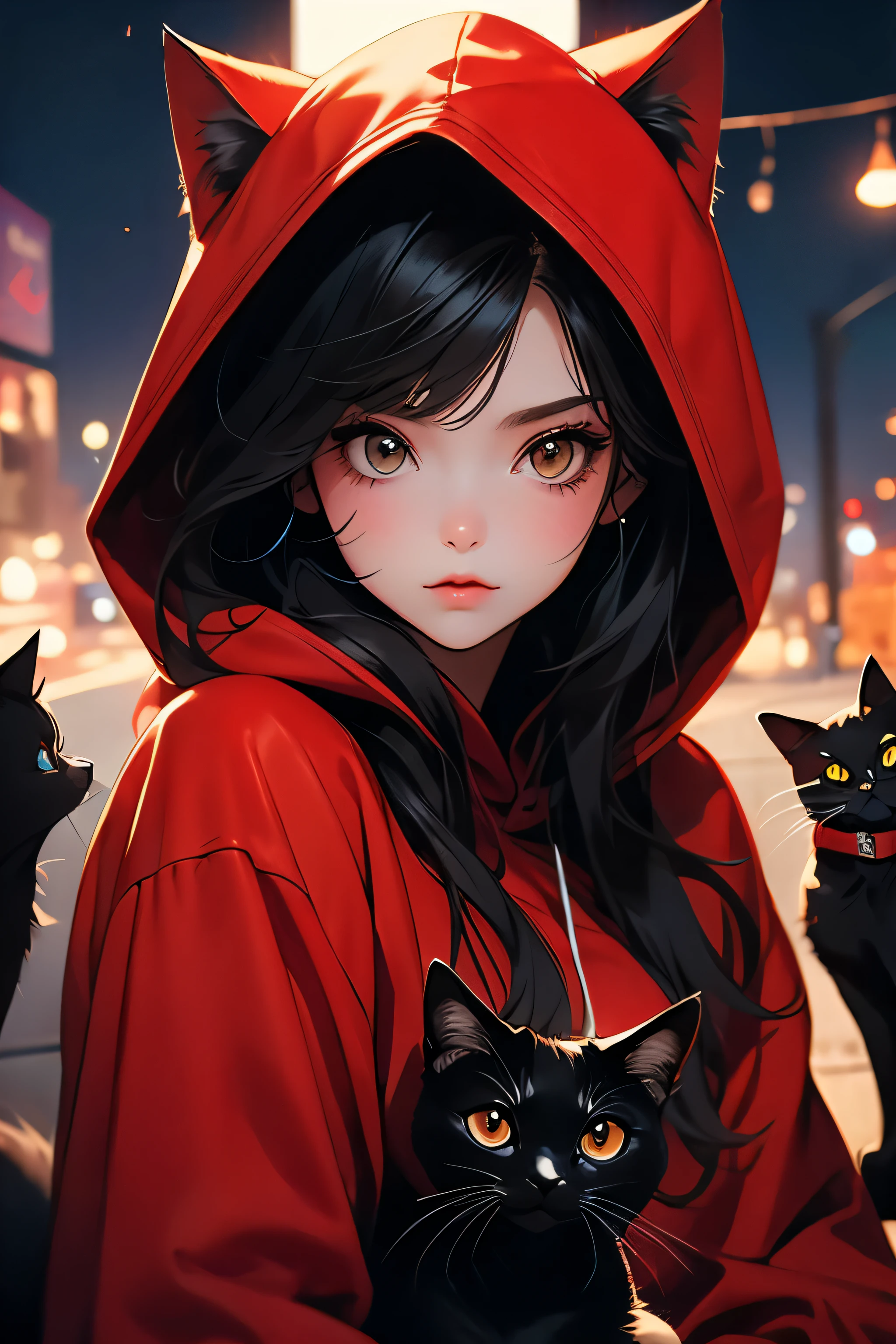 Dark style, nice perfect face with soft skin, really young beautiful girl ???, cool style, long dark hair, red cat hood, cat pet, cats, night