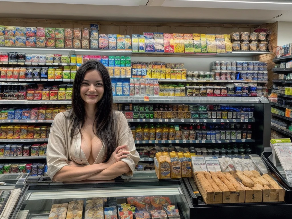 konbini, cashier, monitor, figurines; bottles; alchool; ammo boxes; on shelves, shop, indoors, convenience store at midnight, bread,, ultra detailed, masterpiece, best quality, aesthetic, detailed, solo, she's tired, soft smile, light smile, 1girl, dark green eyes, medium hair, dishevelled hair, light brown hair, french braid, bangs, medium breasts, neon lights, enhancer, detailer, details, backgrounds, detail tweaker